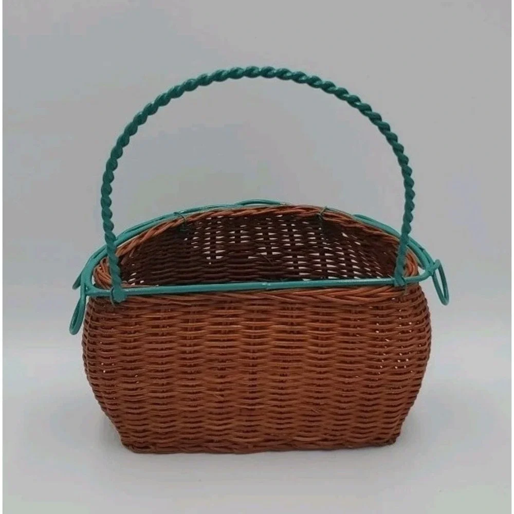 Decorative Hanging Wicker Basket with Green Metal Wire Cottagecore